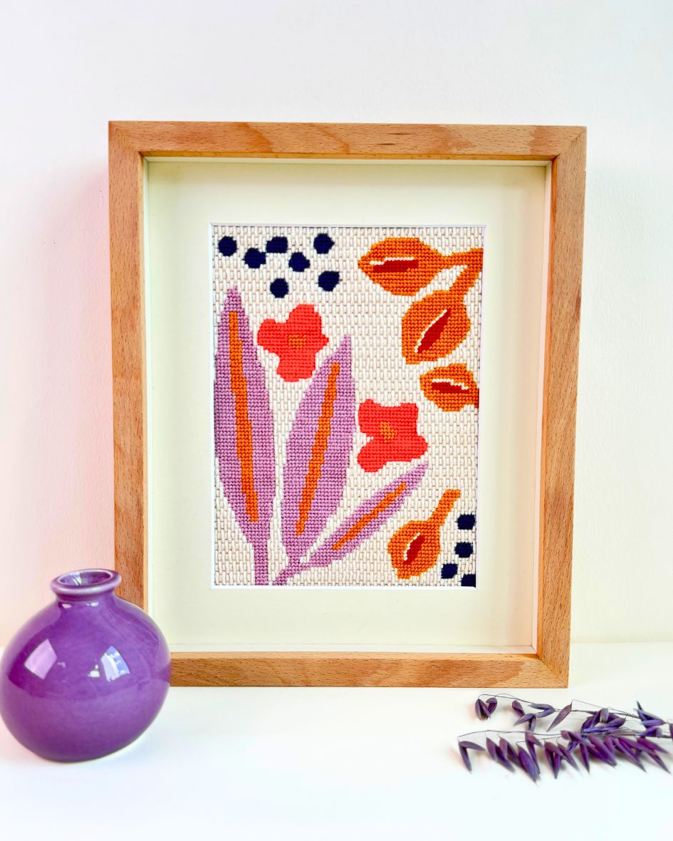finished and framed paper flowers needlepoint kit