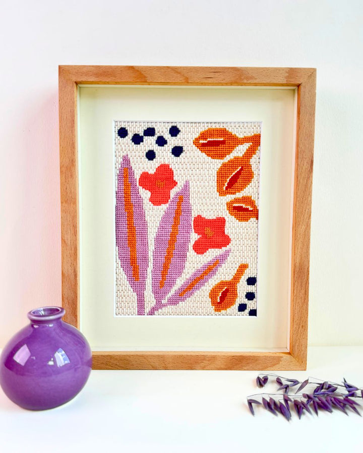 finished and framed paper flowers needlepoint kit