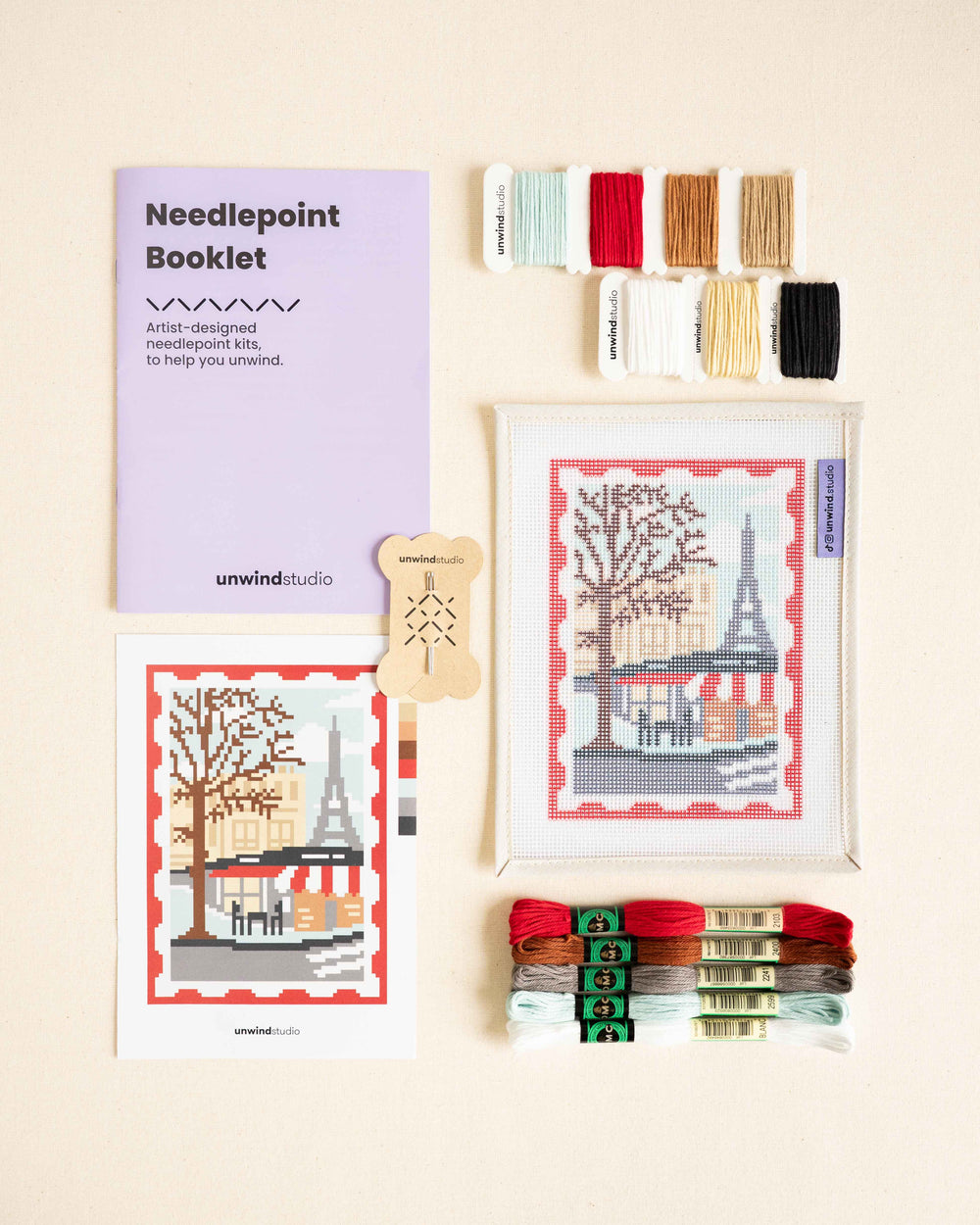 paris stamp/postcard complete kit with printed canvas, booklet, matching dmc soft cotton threads, graphic flyer and needles