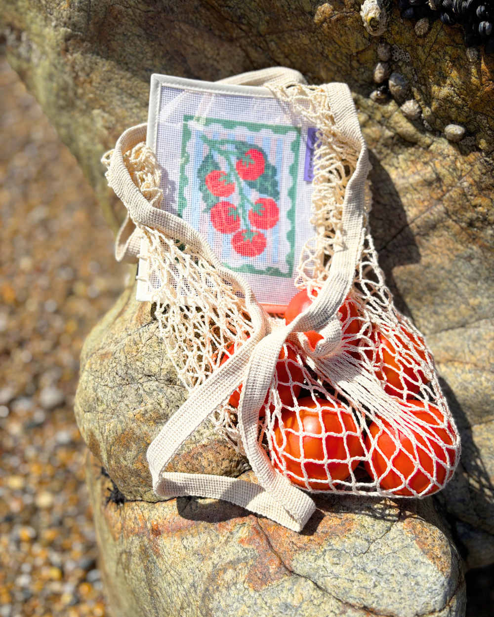 Close-up shot of unwind studio Pomodoro Stamp Needlepoint Kit inside a net fruit bag with tomatos, standing on top of a beach rock. 
