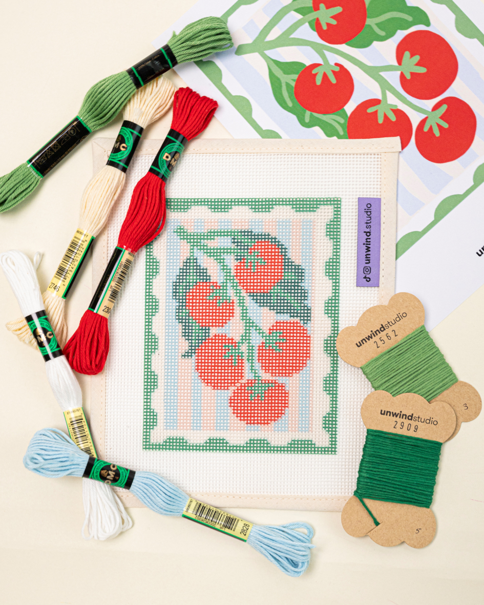 flat lay of the unwind studio pomodoro stamp with the matching DMC soft cotton threads and graphic flyer.