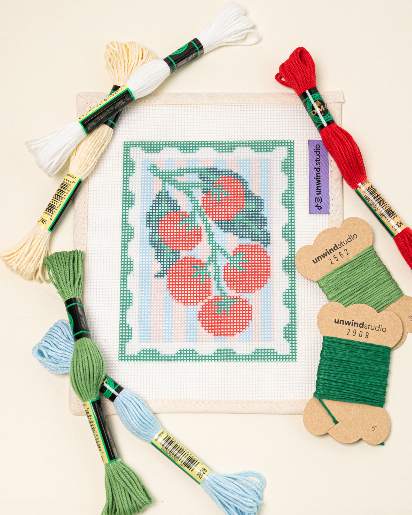 flat lay of the unwind studio pomodoro stamp with the matching DMC soft cotton threads.