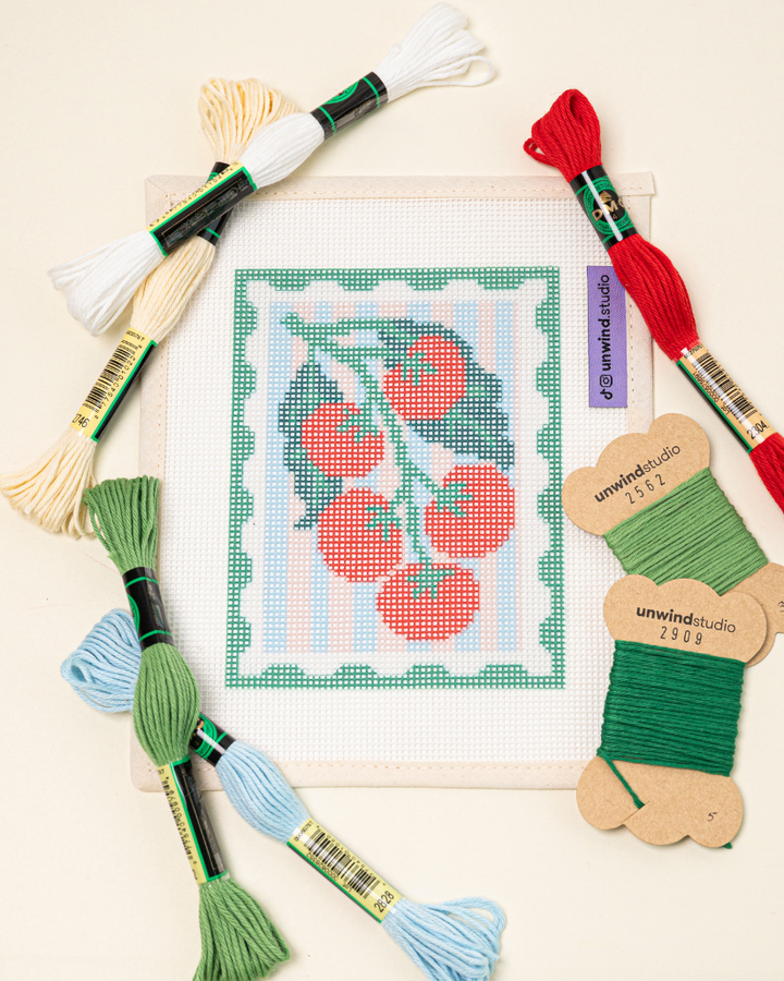 flat lay of the unwind studio pomodoro stamp with the matching DMC soft cotton threads.