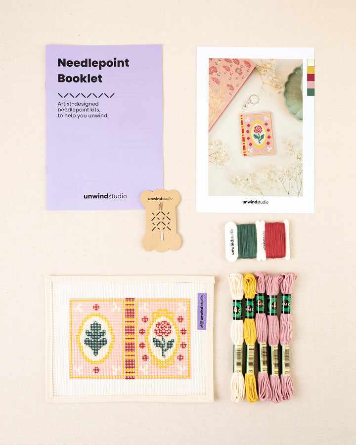 Romance book needlepoint bag charm full kit with booklet, graphic flyer, printed canvas, threads and needles