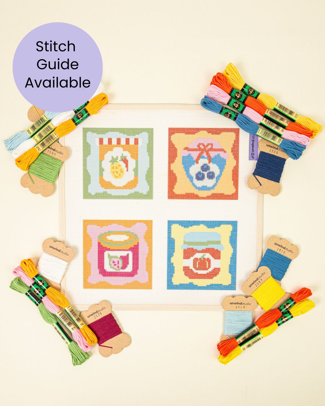 Jam-inspired needlepoint coaster kit set of four