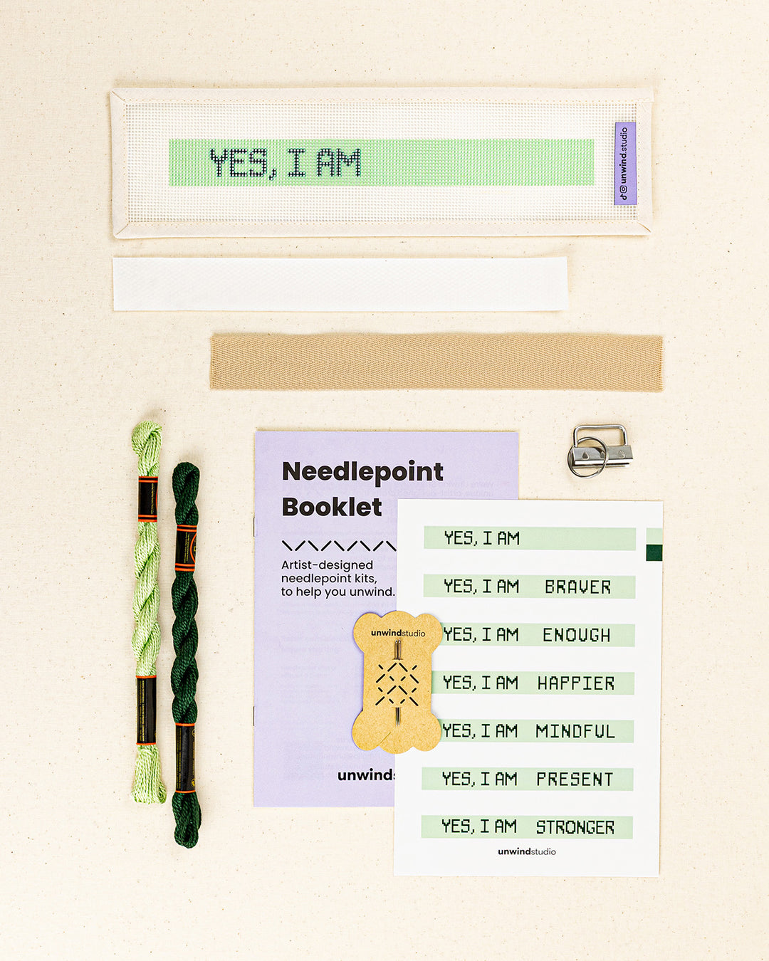 Complete needlepoint kit with finishing materials for the "yes, i am" needlepoint key fob with canvas, finishing materials, threads, instructional booklet, needles and graphic flyer
