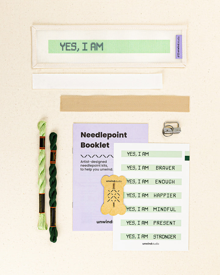 Complete needlepoint kit with finishing materials for the "yes, i am" needlepoint key fob with canvas, finishing materials, threads, instructional booklet, needles and graphic flyer