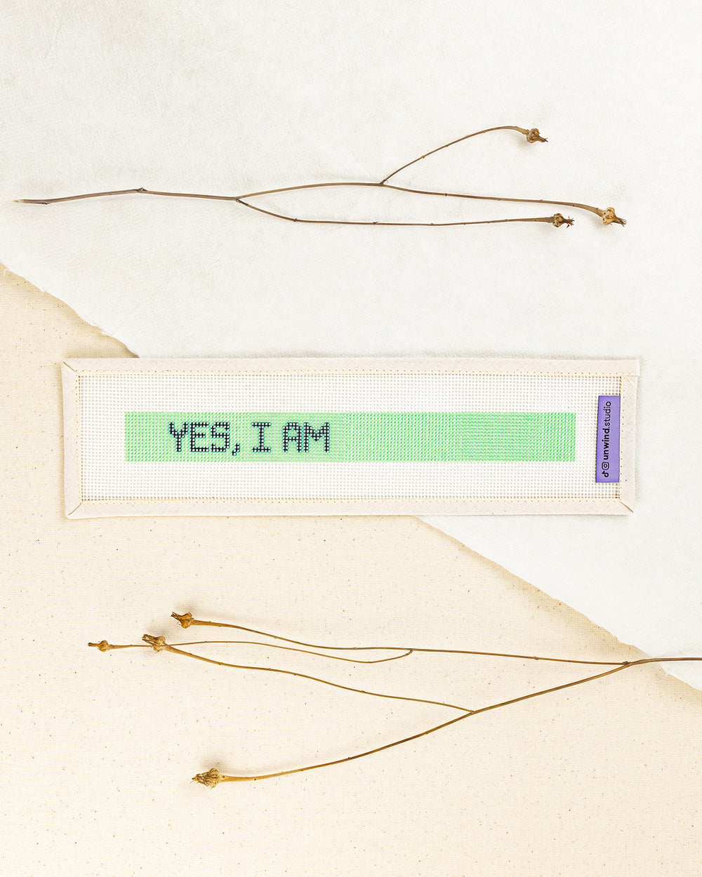 "Yes, I am" needlepoint Key Fob canvas, with a blank side to stitch your own motivational word following a needlepoint alphabet chart