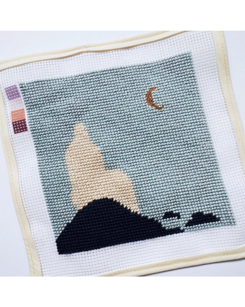 Modern Contemporary Beginner needlepoint kit tapestry kit designed by Paola Saliby. Illustration of man waiting in the sea.