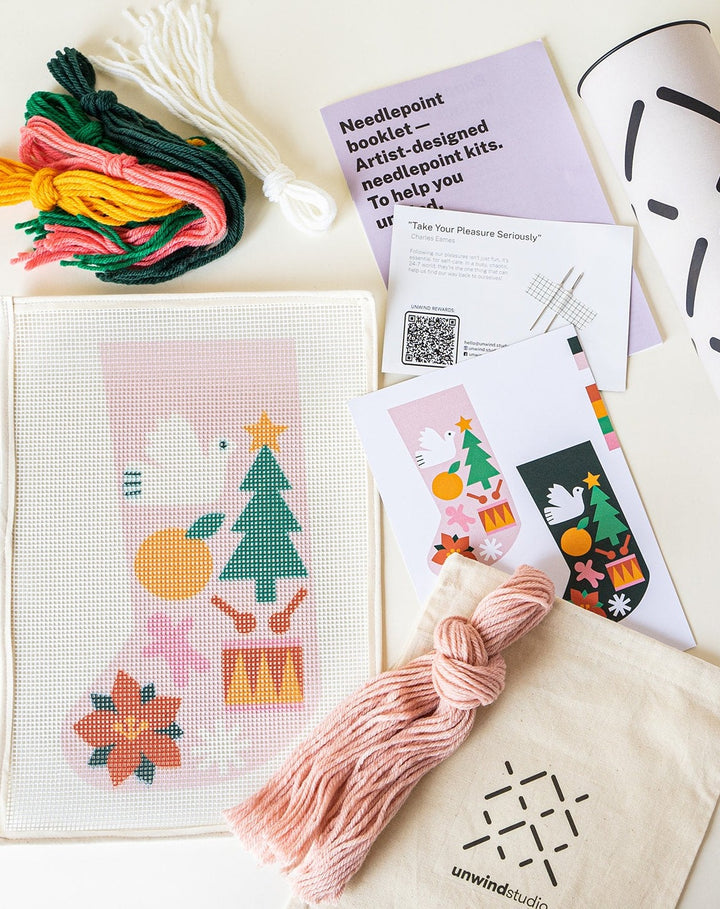 Needlepoint Christmas Stocking Kit by Unwind Studio with Christmas Folk pattern by Myriam Van Neste