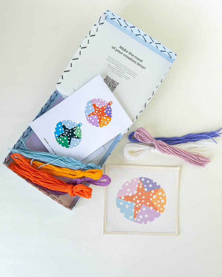 Green and Orange Snowing Night Needlepoint Kit Bundle with canvas and threads, by Unwind Studio