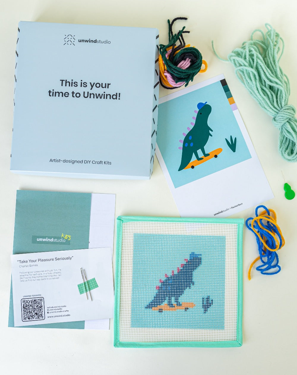 Dino The Skater - Needlepoint Kit for Kids by Unwind Studio, children's crafts embroidery for kids