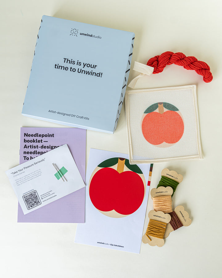 Omppu Needlepoint Beginner Ornament Kit with canvas, threads and needles, by Unwind Studio