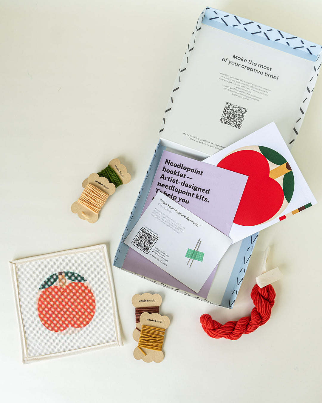 Omppu Needlepoint Beginner Ornament Kit with canvas, threads and needles, by Unwind Studio