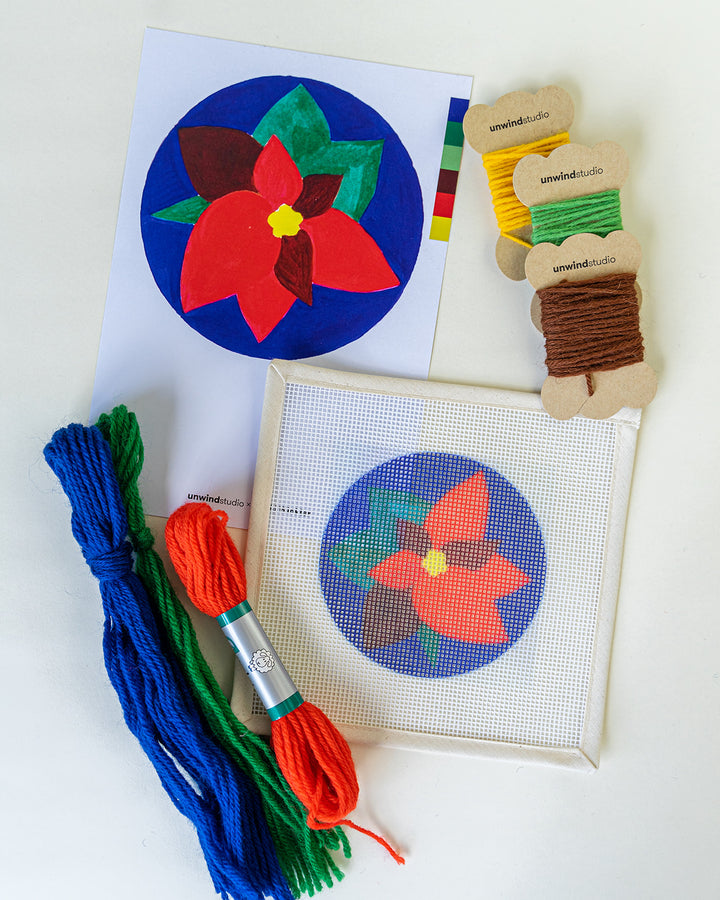 Christmas Star Needlepoint Kit with canvas, threads and needles, by Unwind Studio
