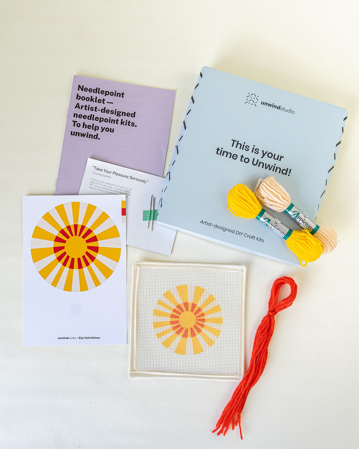 Finnish Loiste Needlepoint Ornament Kit with canvas, threads and needles, by Unwind Studio