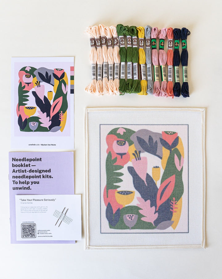 Blush Garden botanical needlepoint canvas and kit by Myriam Van Neste for Unwind Studio