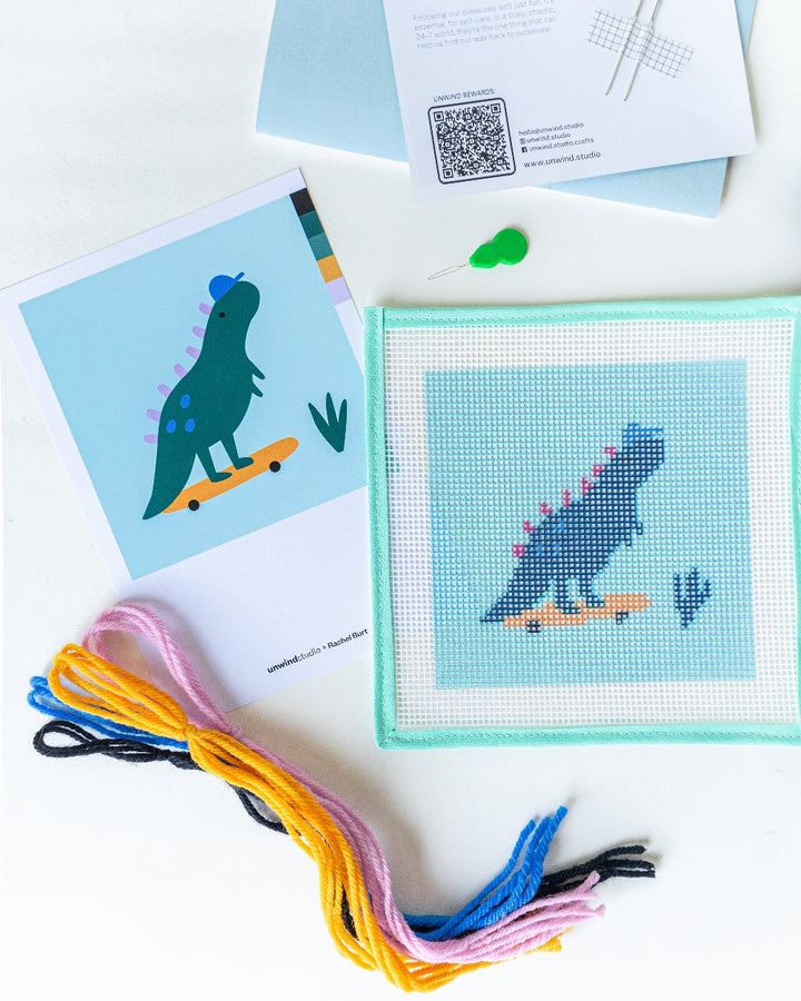 Dino The Skater - Needlepoint Kit for Kids by Unwind Studio, children's crafts embroidery for kids