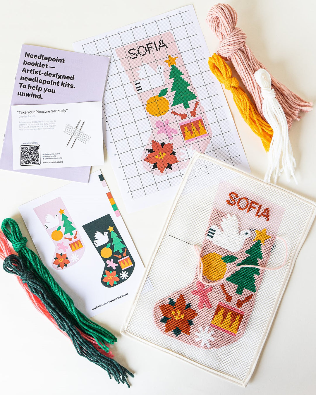Mini Christmas Stocking Needlepoint Kit - Folk Pattern by Unwind Studio