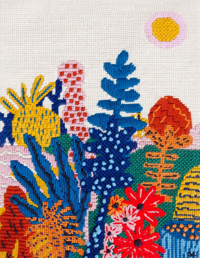 Garden of Joy needlepoint Kit by Unwind Studio stitched needlepoint with decorative stitches