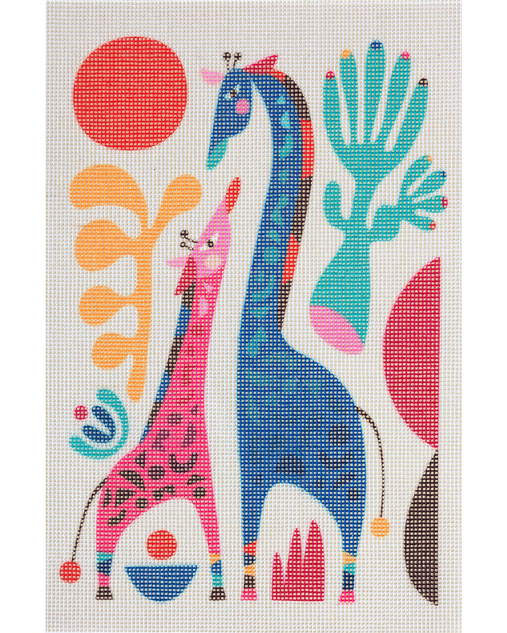 Needlepoint canvas with illustration of mom and child giraffes mom and child