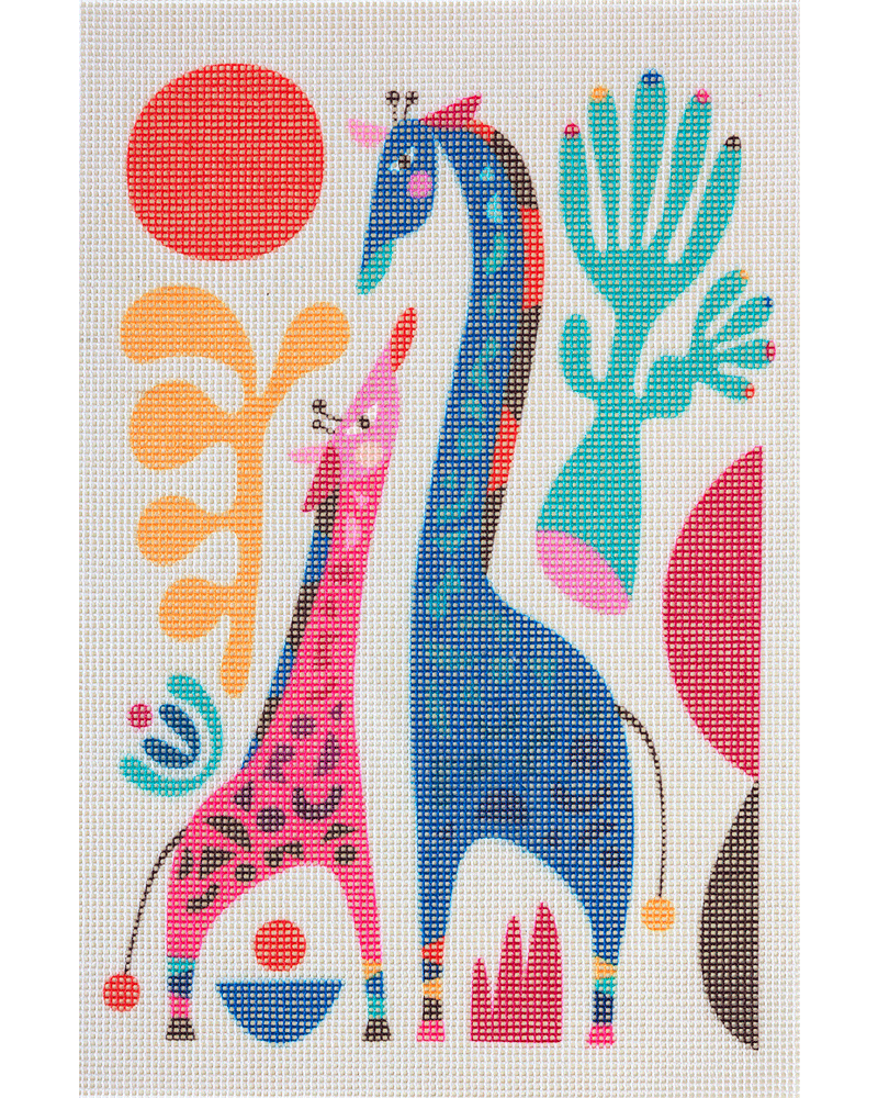 Needlepoint canvas with illustration of mom and child giraffes mom and child
