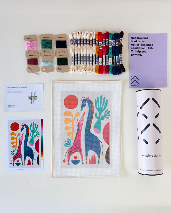 Needlepoint Kit with illustration of mom and child giraffes mom and child