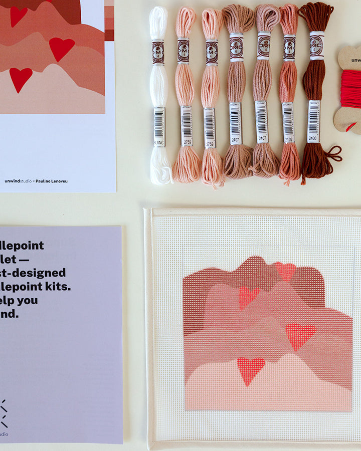 Needlepoint kit with illustration of four women faces with red lipstick