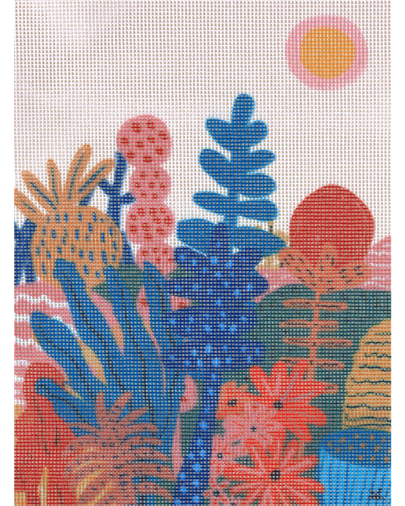 Needlepoint canvas with illustration of garden with colorful plants