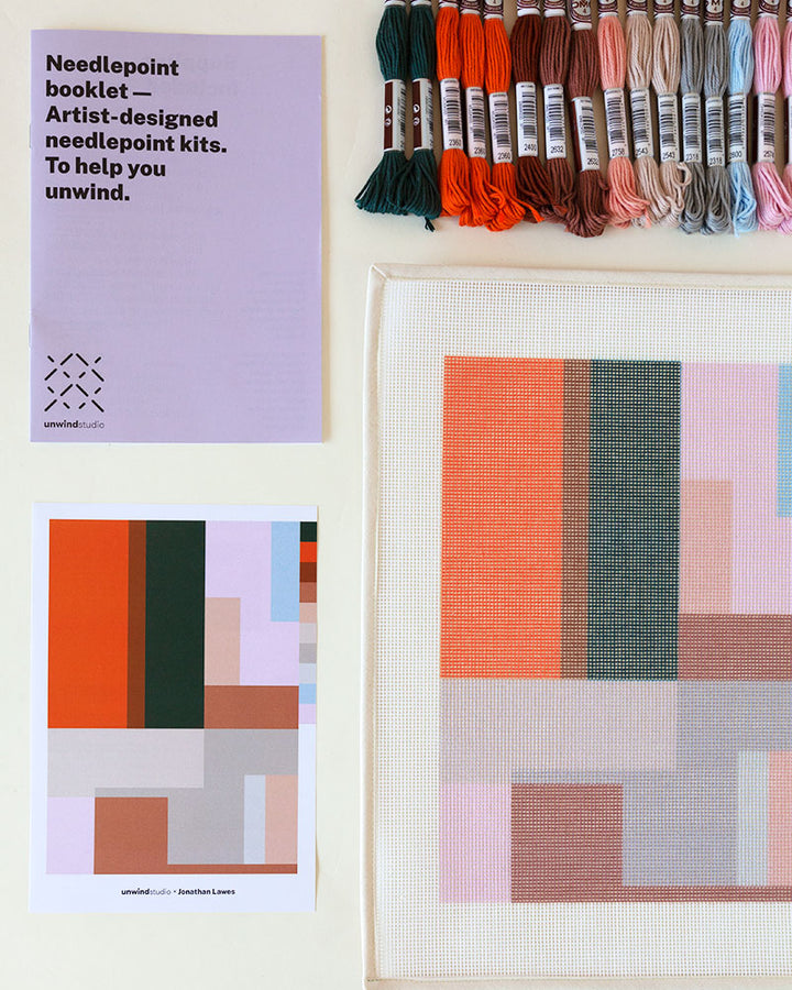 Needlepoint kit of geometric colorful illustration with color blocks