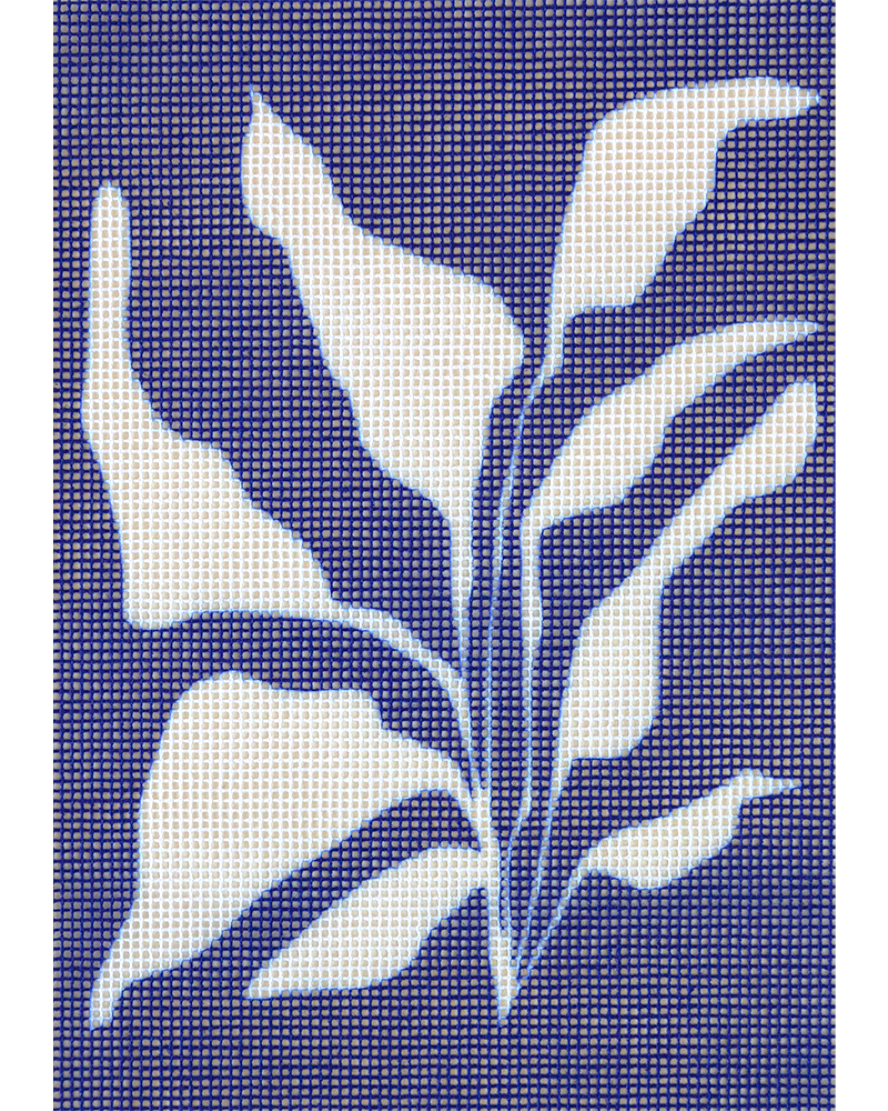 Needlepoint canvas with illustration of white plant in blue background