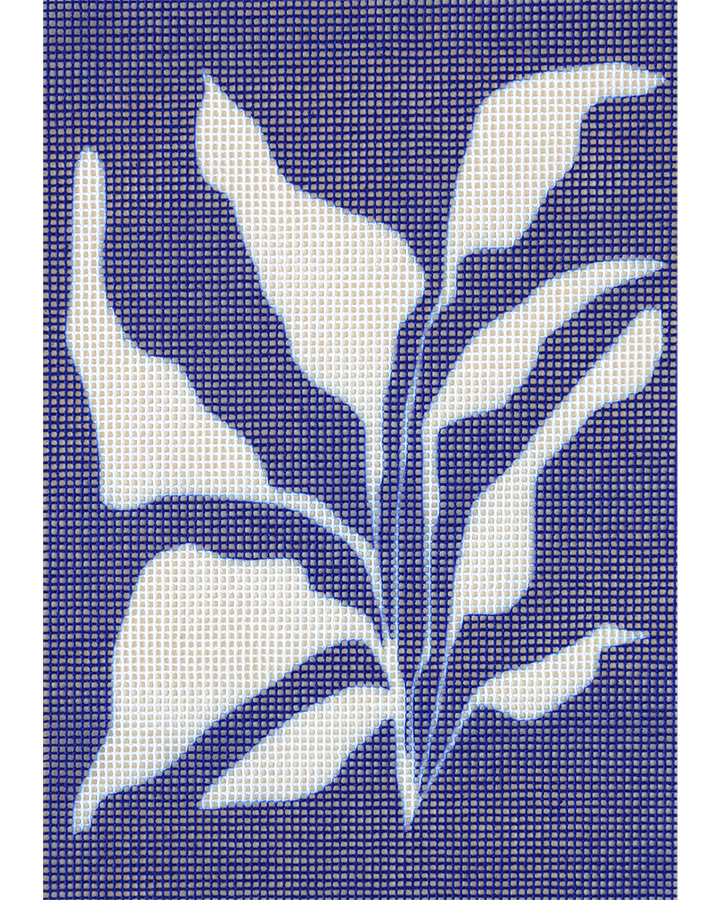 Needlepoint canvas with illustration of white plant in blue background