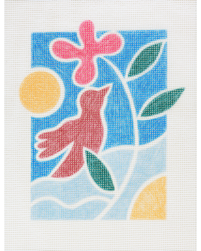 needlepoint canvas with illustration of bird and flower