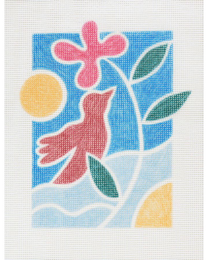 needlepoint canvas with illustration of bird and flower