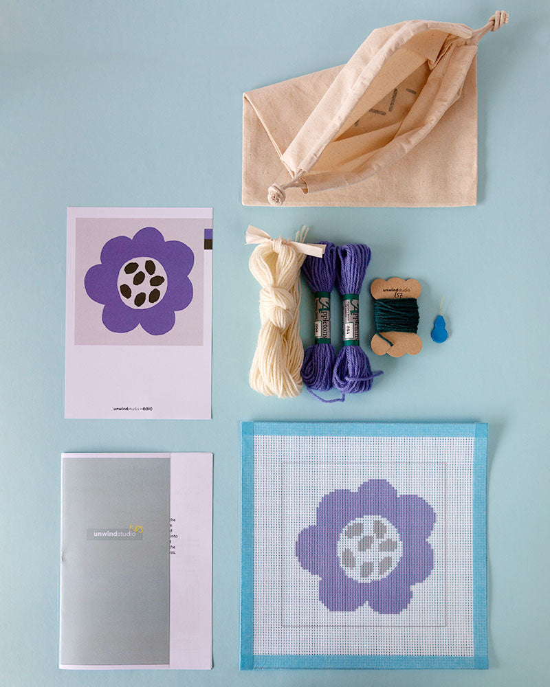 Blue Flower Kids Needlepoint Kit for Kids by Unwind Studio