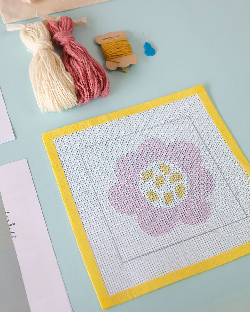 Pink Flower Kids Needlepoint Kit for Kids with canvas and threads by Unwind Studio