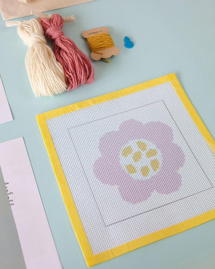 Pink Flower Kids Needlepoint Kit for Kids with canvas and threads by Unwind Studio