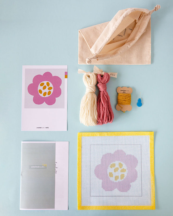 Pink Flower Kids Needlepoint Kit for Kids with canvas and threads by Unwind Studio