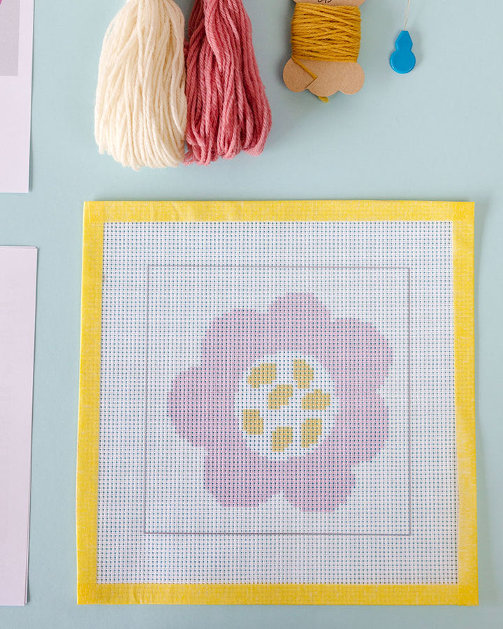 Pink Flower Kids Needlepoint Kit for Kids with canvas and threads by Unwind Studio