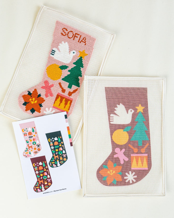 Mini Christmas Stocking Needlepoint Kit - Folk Pattern by Unwind Studio