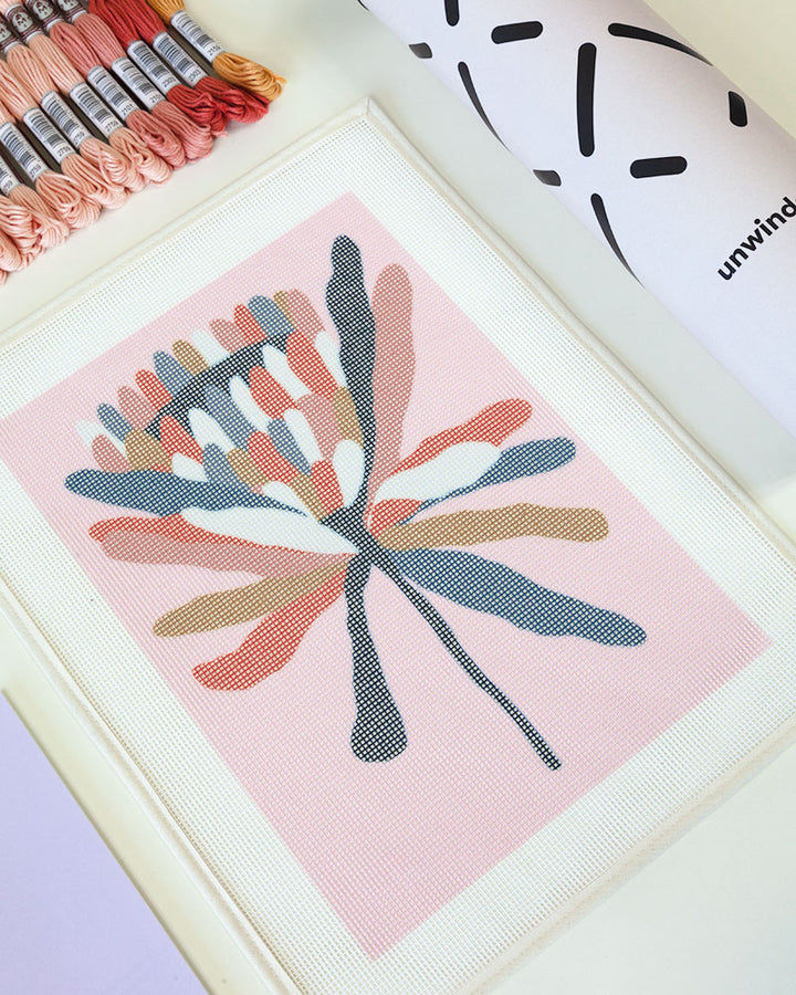 Pink Ice Protea needlepoint kit created by Leonor Violeta for Unwind Studio