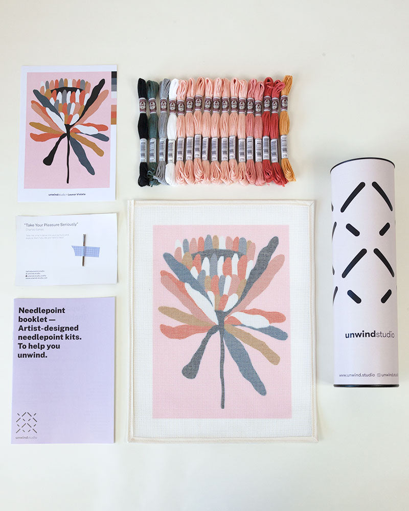 Pink Ice Protea Needlepoint Kit by Unwind Studio