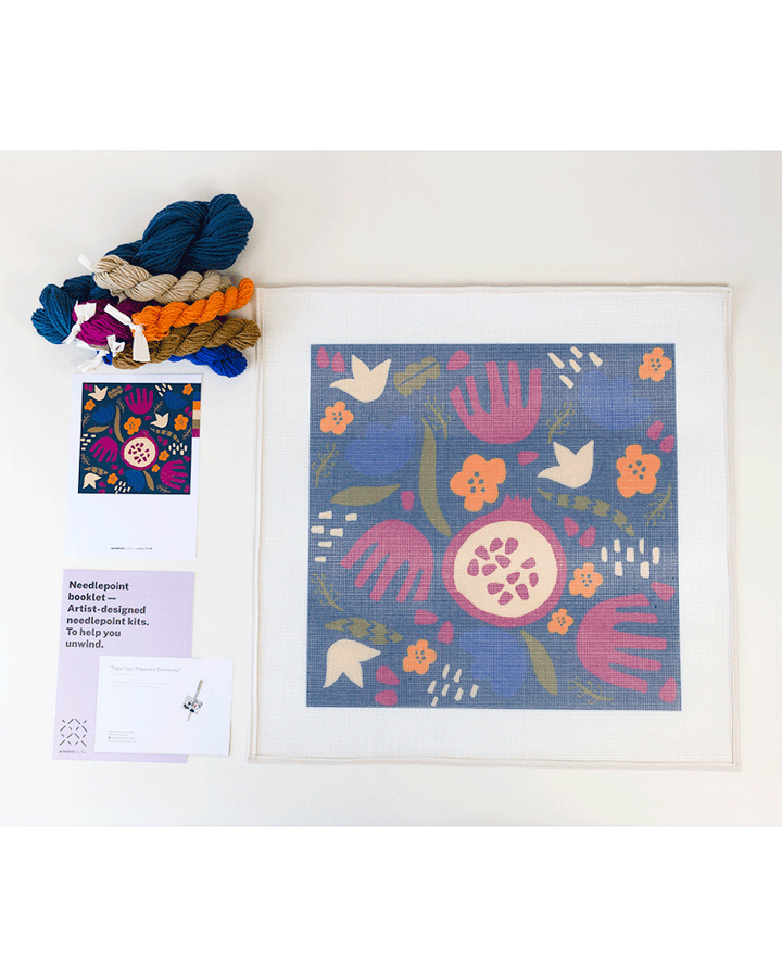 Pomegranates & Flowers needlepoint cushion kit tapestry cushion by Letter & Brush for Unwind Studio