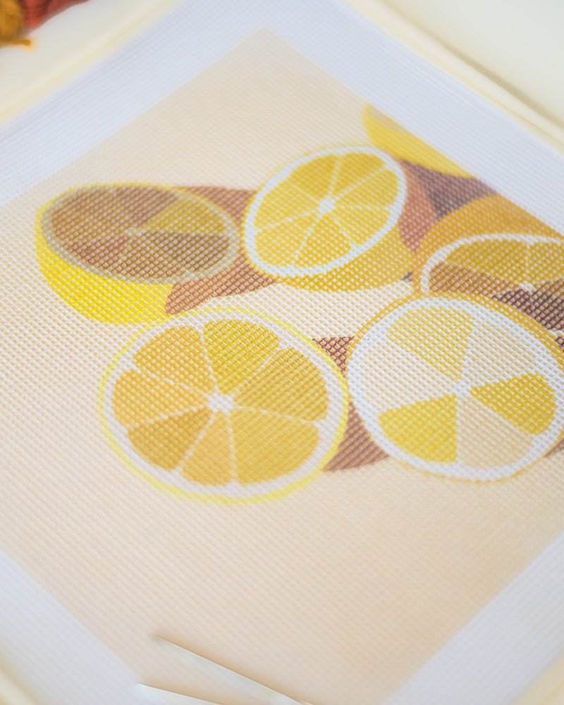 Lemons citrus needlepoint tapestry unwind studio Anca Putin