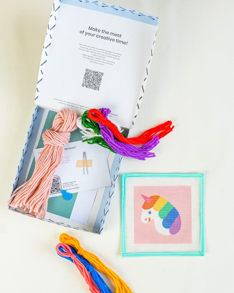 Rainbow Unicorn needlepoint craft kit for kids by Unwind Studio
