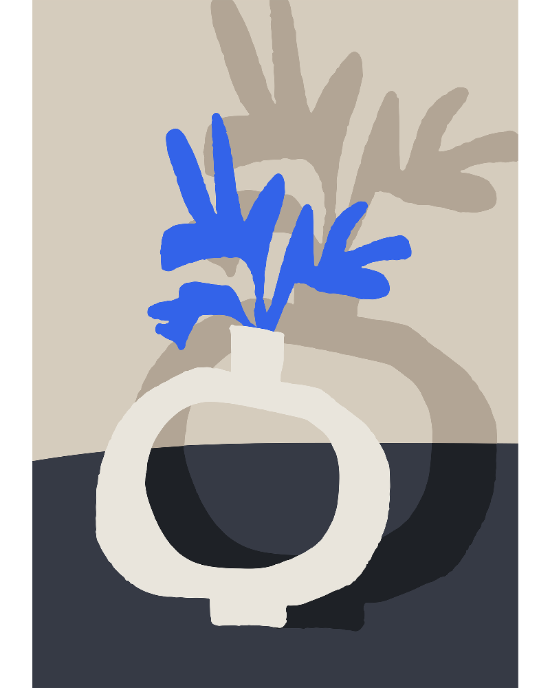 Illustration of blue flower in a gray vase