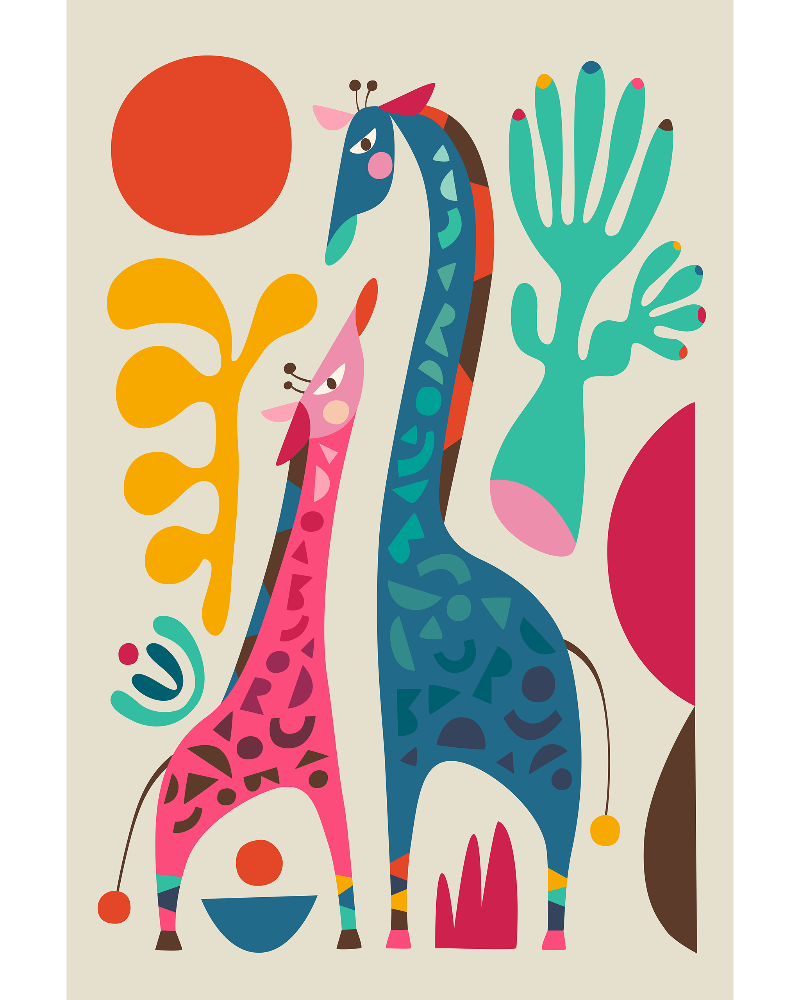 Illustration of mom and child giraffes mom and child