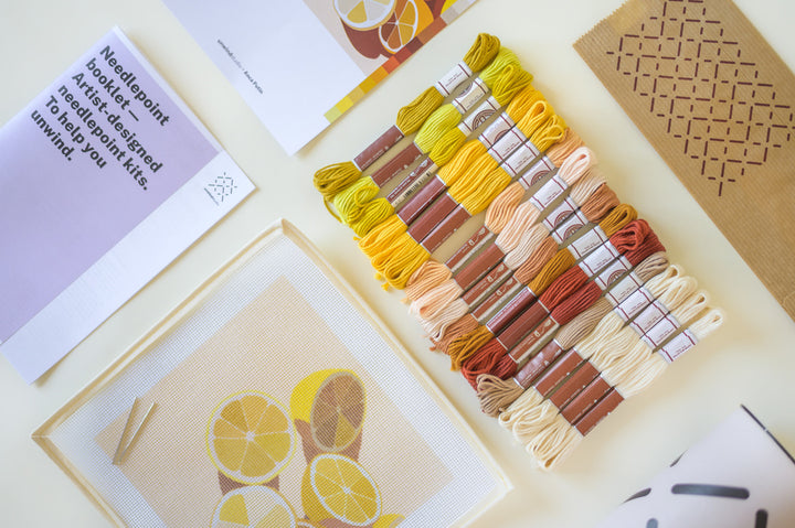 Lemons citrus needlepoint tapestry unwind studio Anca Putin