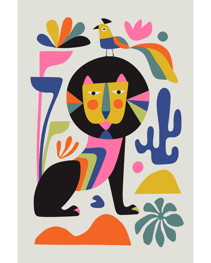 Illustration of colorful lion and bird
