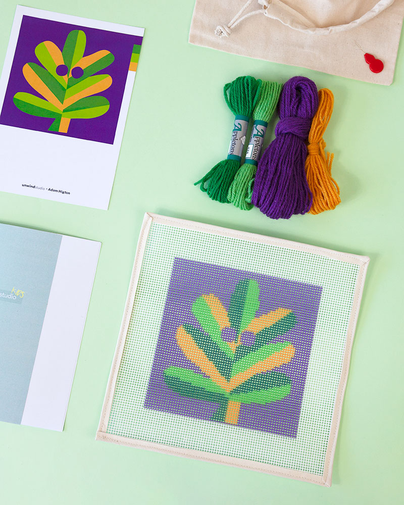 Oak Leaf Needlepoint Kit for Kids with canvas and threads by Unwind Studio